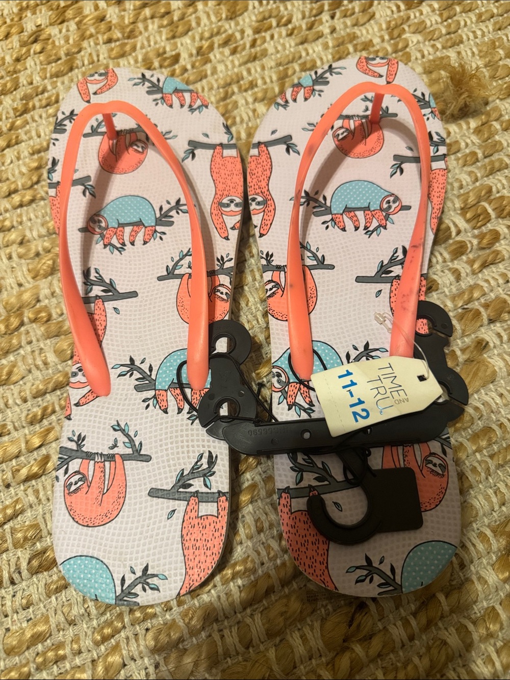 Time and Tru Girls' Pink Coral Sloth Print Flip Flop Sandals
